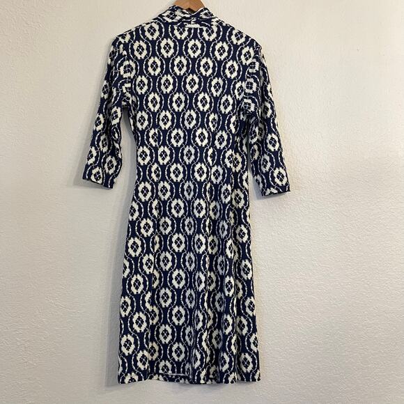 J. McLaughlin Catalina Cloth Faux-Wrap Dress Small Navy Geometric Office Stretch - Picture 7 of 13